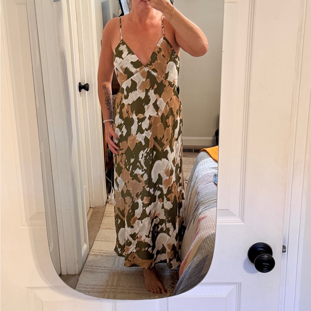 NWT Anthropologie Satin Green and Brown Camo Maxi Dress